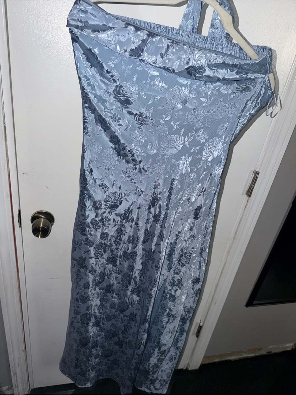 Dusty Blue Floral Strapless Satin Dress
